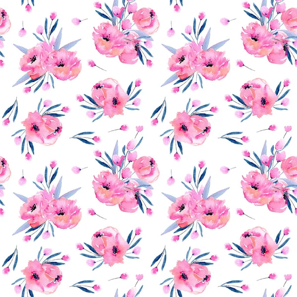 Watercolor Pink Poppies Bouquets Seamless Pattern Hand Drawn White Background — Stock Photo, Image