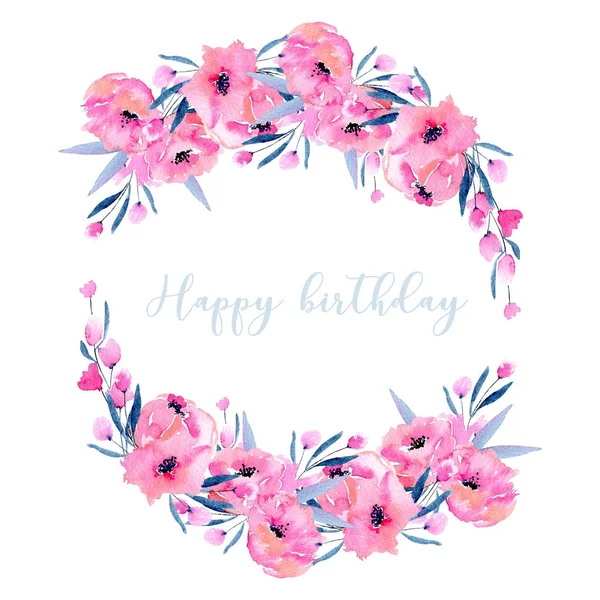 Watercolor Pink Poppies Small Wildflowers Wreath Hand Drawn Isolated White — Stock Photo, Image