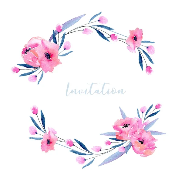 Watercolor Pink Poppies Small Wildflowers Wreath Hand Drawn Isolated White — Stock Photo, Image