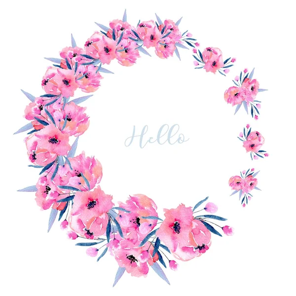 水彩粉红色罂粟花环 手绘在白色背景 母亲节 婚礼等贺卡 — 图库照片
