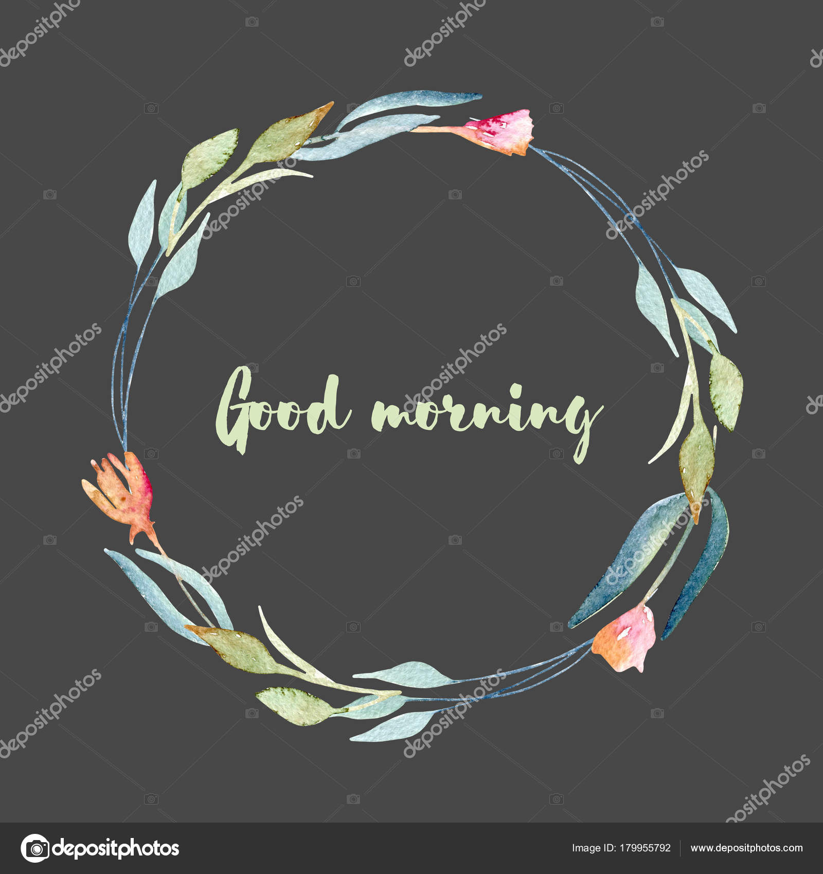 Watercolor Simple Flowers Green Branches Wreath Hand Drawn