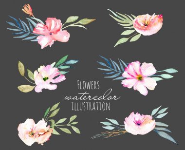 Sulu boya alanı karanfil ve yeşil dallar buketleri seti, elle karanlık bir arka plan üzerinde çizilmiş