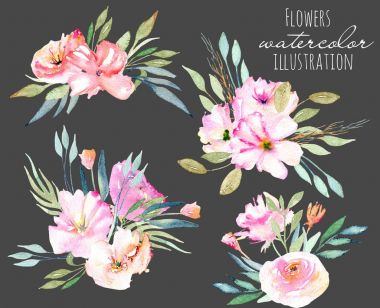 Sulu boya alanı karanfil, gül ve yeşil dallar buketleri ayarı, elle karanlık bir arka plan üzerinde çizilmiş