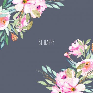 Suluboya pembe alan karanfiller, güller ve şube kartı şablonu, elle çizilmiş koyu mavi bir arka plan üzerinde şenlikli kartları tasarımı