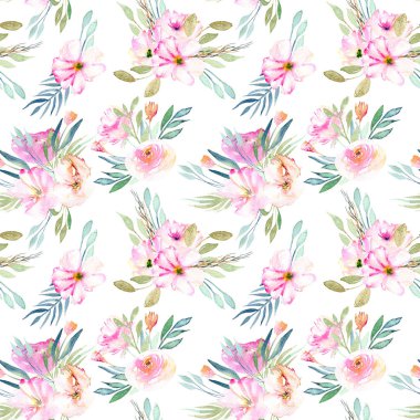 Sulu boya alanı karanfil, gül ve yeşil dallar buketleri seamless modeli, el beyaz bir arka plan üzerinde çizilmiş