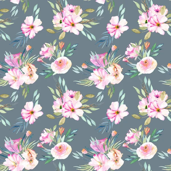 Watercolor Field Carnations Roses Green Branches Bouquets Seamless Pattern Hand — Stock Photo, Image