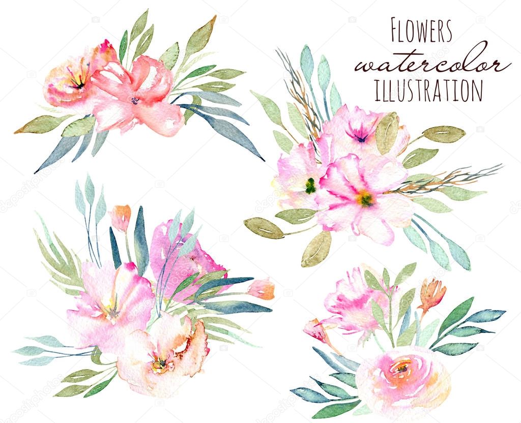 Watercolor field carnations, rose and green branches bouquets set, hand drawn on a white background