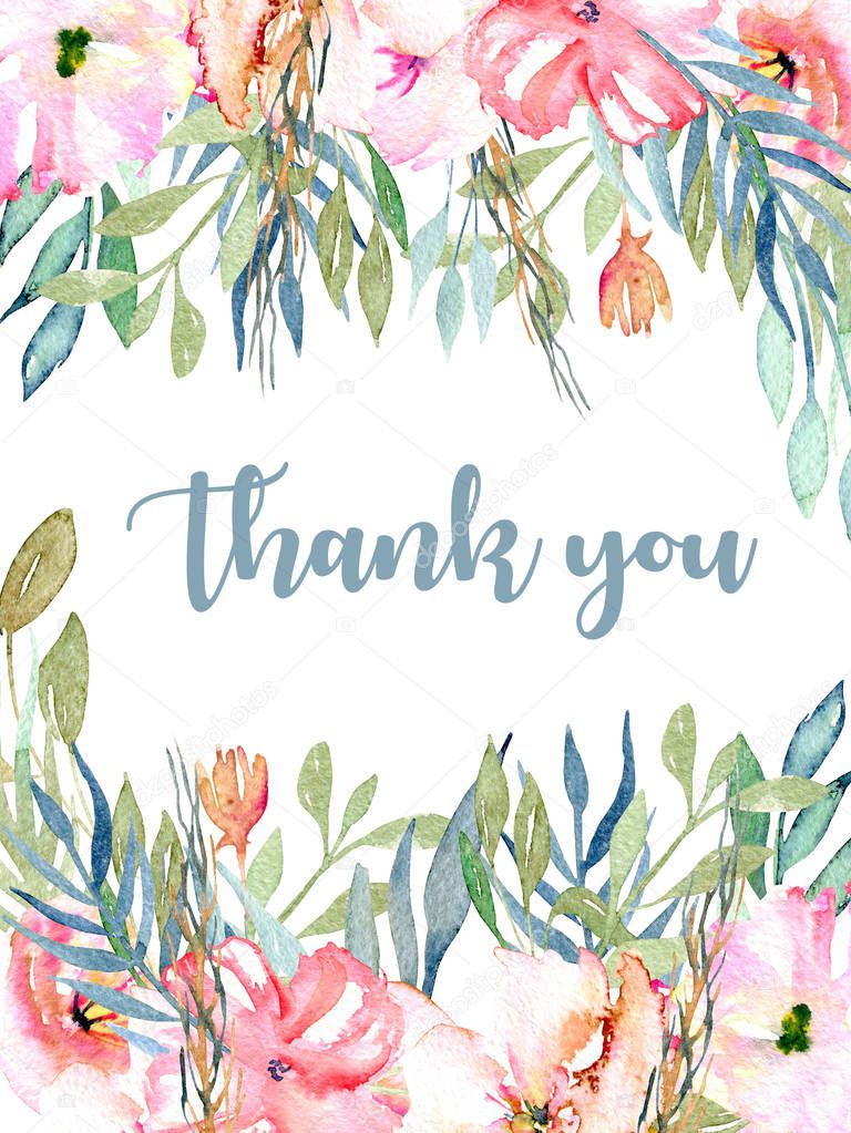 Watercolor pink field carnations, blue and green branches card template, hand drawn on a white background, Thank you card design