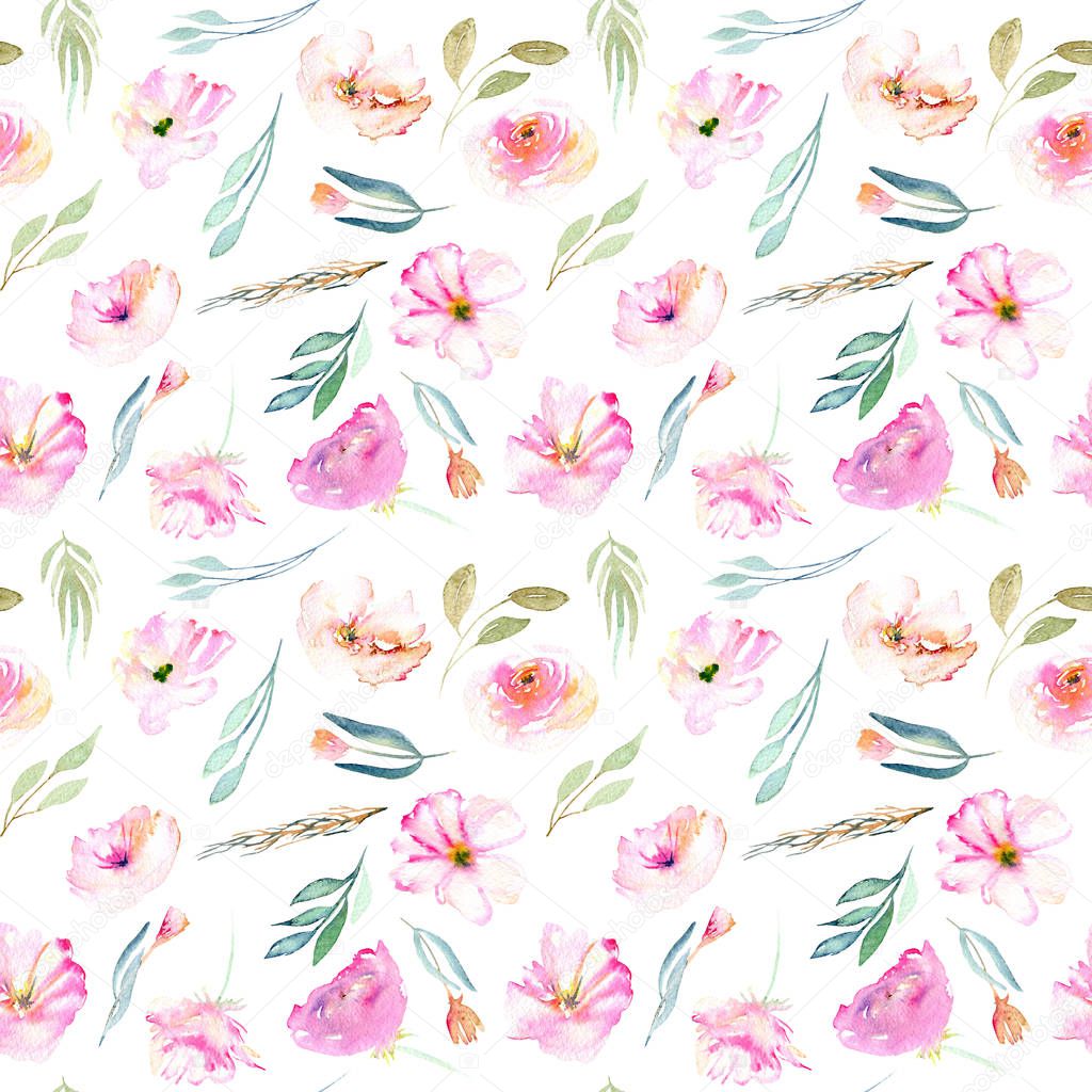 Watercolor field carnations, roses and small field green branches seamless pattern, hand drawn isolated on a white background
