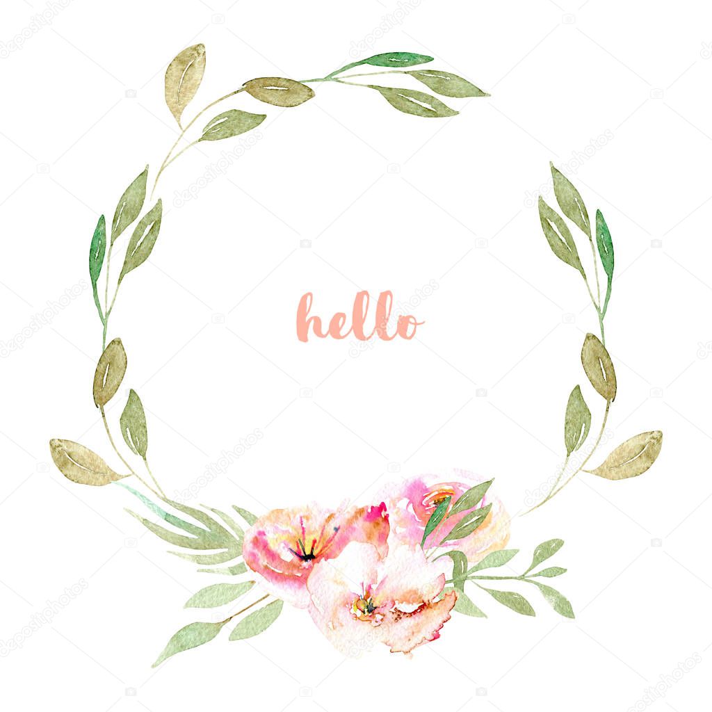 Watercolor pink field carnations, rose and green branches wreath, hand drawn on a white background
