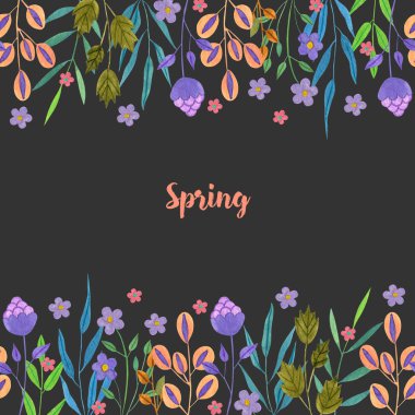 Karanlık bir arka plan üzerine boyalı el suluboya basit bahar ve yaz mor çiçek ve yeşil dallar kartı şablonu,