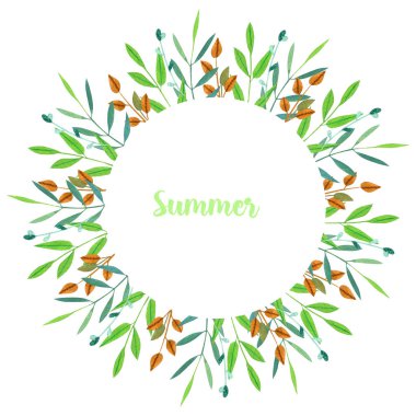 Suluboya basit yaz yeşil çerçeve çiçek dalları el boyalı beyaz bir arka plan üzerinde