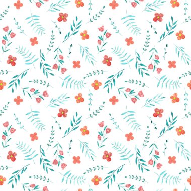 Beyaz bir arka plan üzerine boyalı el suluboya basit yaz kırmızı çiçek ve mavi dalları seamless modeli,