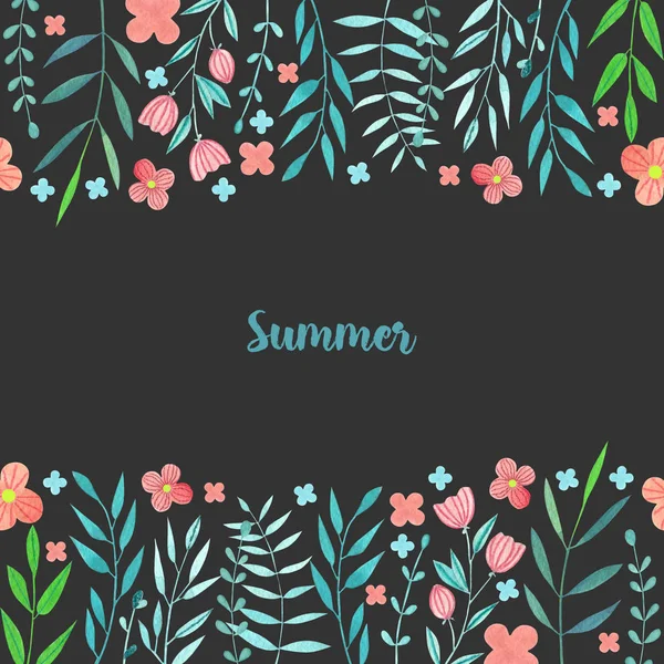 Watercolor Simple Summer Red Flowers Blue Branches Card Template Hand — Free Stock Photo