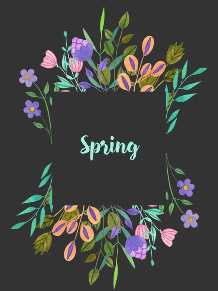 Karanlık bir arka plan üzerine boyalı el suluboya basit bahar ve yaz mor çiçek ve yeşil dallar çerçeve,