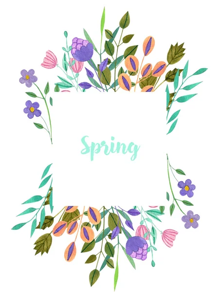 Watercolor Simple Spring Summer Purple Flowers Green Branches Frame Hand — Stock Photo, Image