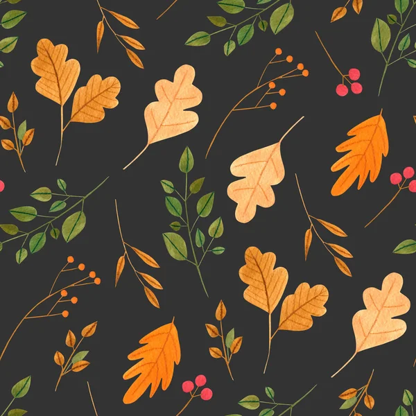 Akvarell Egyszerű Őszi Levelek Ágak Varrat Nélküli Mintát Kézzel Festett — Stock Fotó