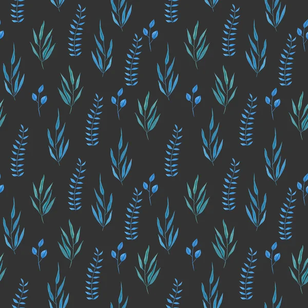 Aquarell Einfache Blaue Zweige Nahtloses Muster Handgemalt Auf Dunklem Hintergrund — Stockfoto