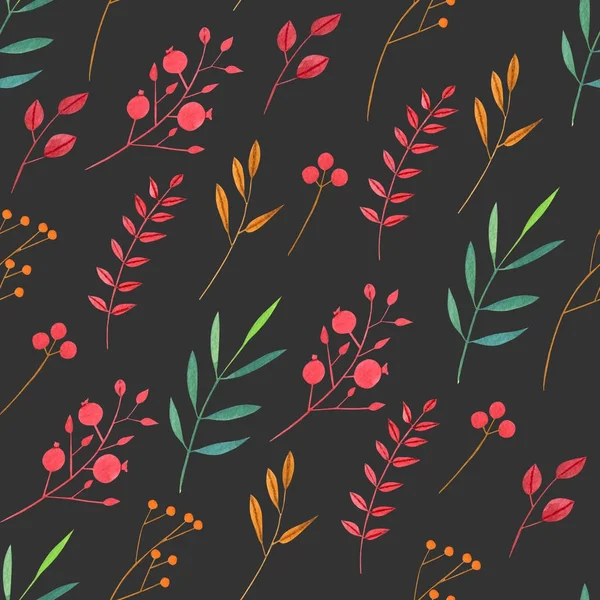 Aquarell Einfache Rote Und Grüne Zweige Und Beeren Nahtloses Muster — Stockfoto