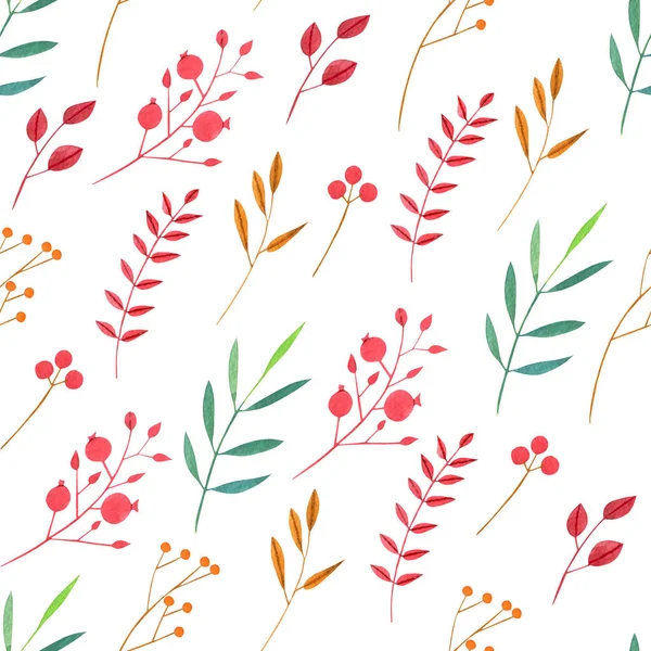 Watercolor Simple Red Green Branches Berries Seamless Pattern Hand Painted — Stock Photo, Image