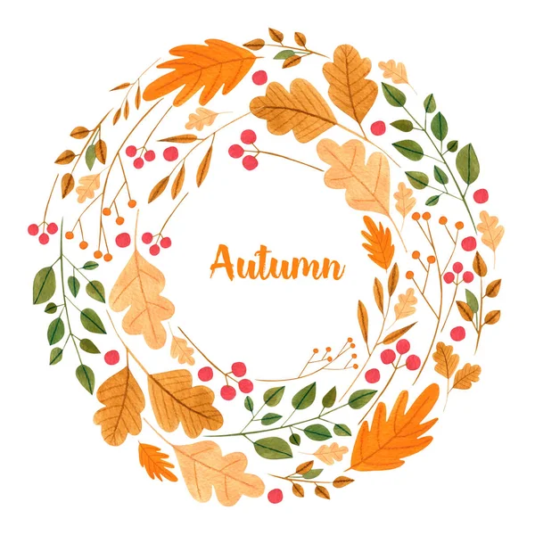 Aquarell Einfache Herbstblätter Und Zweige Blumenkranz Handgemalt Auf Weißem Hintergrund — Stockfoto