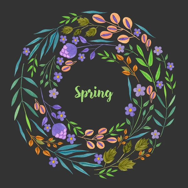 Watercolor Simple Spring Summer Purple Flowers Green Branches Wreath Hand — Stock Photo, Image