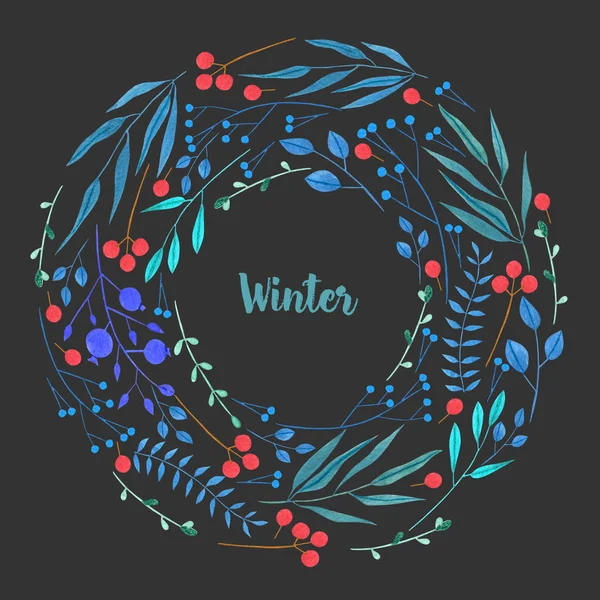 Watercolor simple blue branches and red berries winter wreath, hand painted on a dark background