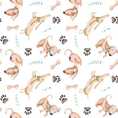 Sulu Boya şirin komik köpek, köpek track ve yeşil dallar seamless modeli, beyaz bir arka plan üzerinde elle çizilmiş izole