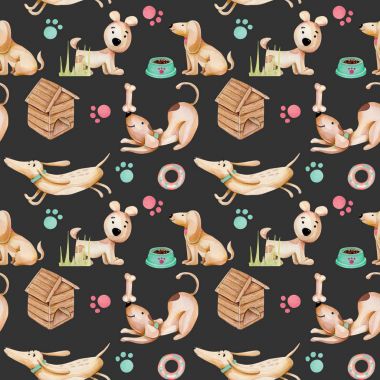 Suluboya şirin komik köpek ve köpek öğeleri seamless modeli, karanlık bir arka plan üzerinde elle çizilmiş izole