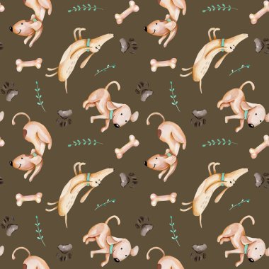 Sulu Boya şirin komik köpek, köpek track ve yeşil dallar seamless modeli, kahverengi bir arka plan üzerinde elle çizilmiş izole