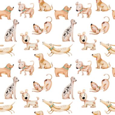 Sulu Boya şirin komik seamless modeli köpekler, beyaz bir arka plan üzerinde elle çizilmiş izole