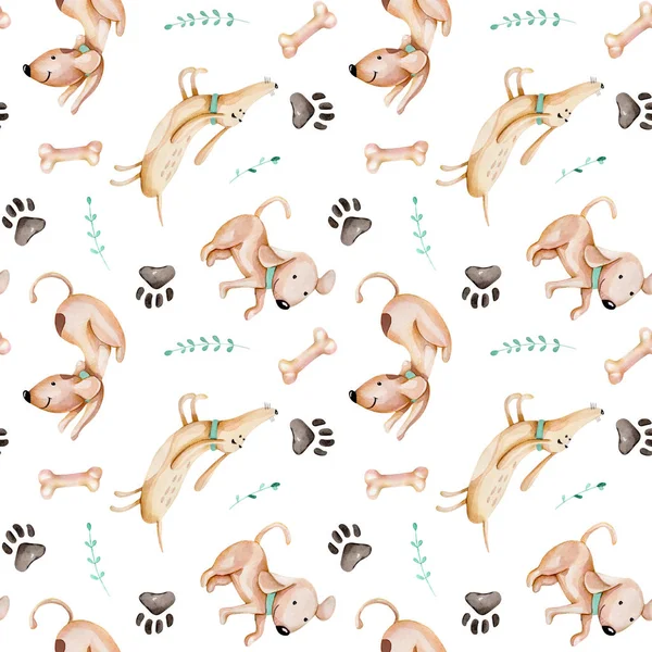 Watercolor Cute Funny Dogs Dog Track Green Branches Seamless Pattern — Stock Photo, Image