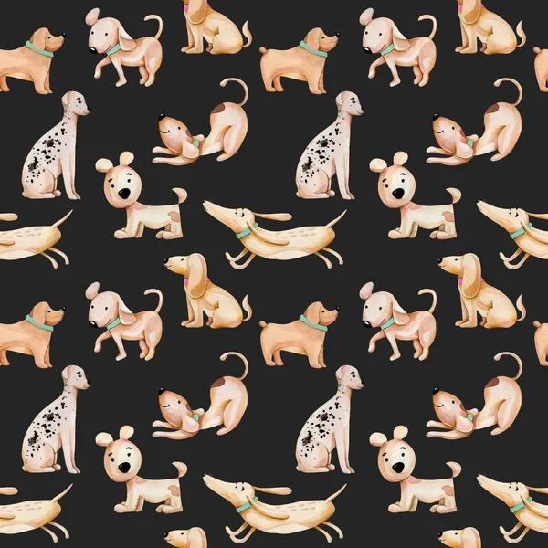 Akvarell Söt Rolig Hundar Sömlösa Mönster Handritad Isolerad Mörk Bakgrund — Stockfoto