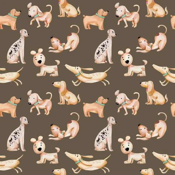 Watercolor Cute Funny Dogs Seamless Pattern Hand Drawn Isolated Brown — Stock Photo, Image