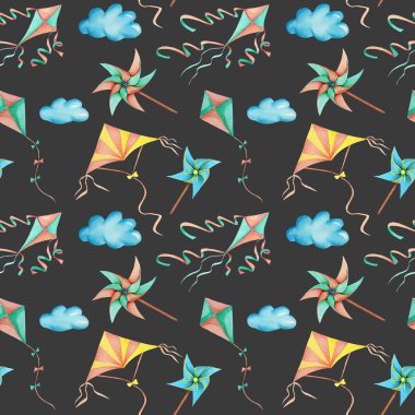 Gökyüzü seamless modeli suluboya uçan uçurtma, elle çizilmiş karanlık bir arka plan üzerinde izole.