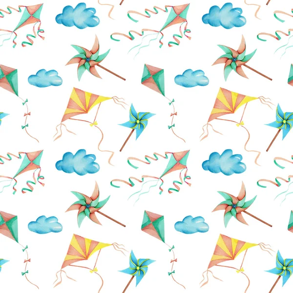 水彩风筝在天空中无缝的图案 手绘在白色背景上被隔离 — 图库照片