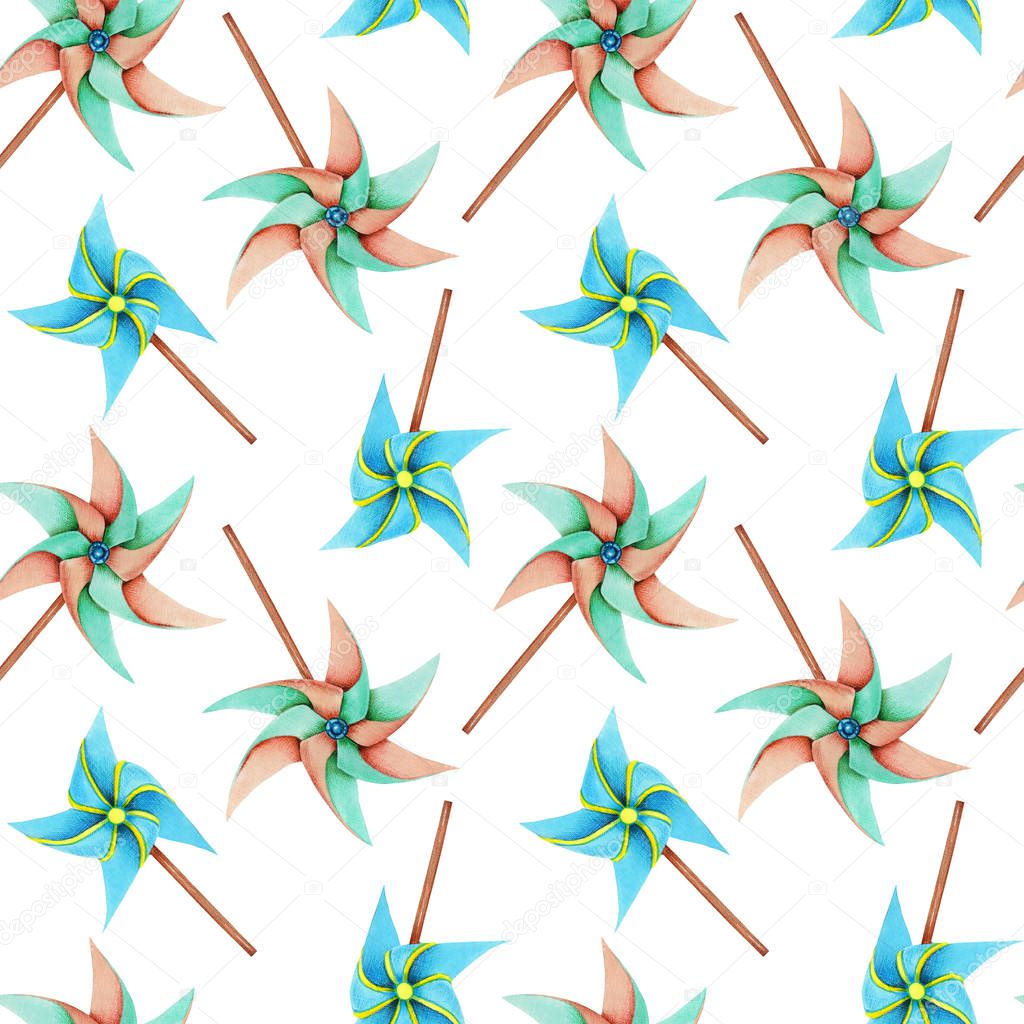 Watercolor windmill toys seamless pattern, hand drawn isolated on a white background