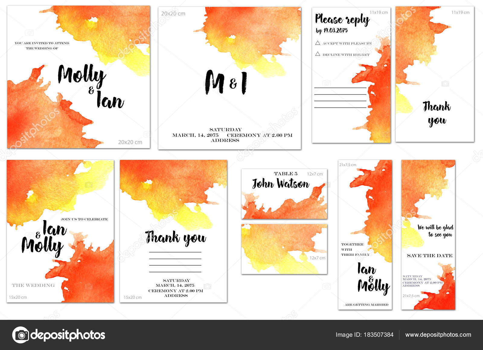 card templates set red yellow watercolor splashes background