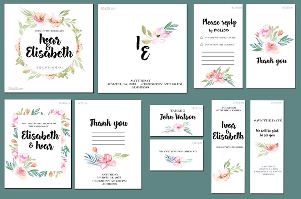 カード テンプレート セット水彩ピンク フィールド Cardnation と緑の葉の背景 ビジネス 結婚式 周年招待状 チラシ — ストック写真