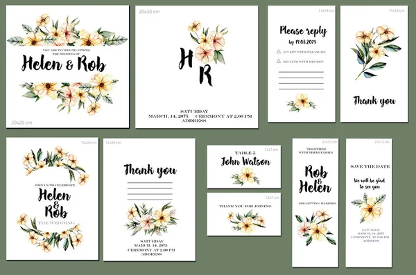 カード テンプレート セット水彩ピンク野生の花と緑の葉の背景 ビジネス 結婚式 周年招待状 チラシ パンフレット テーブル数 Rsvp — ストック写真
