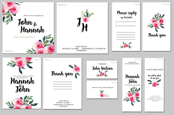 Card templates set with watercolor red roses and green leaves background; artistic design for business, wedding, anniversary invitation, flyers, brochures, table number, RSVP, Thank you card, Save the date card