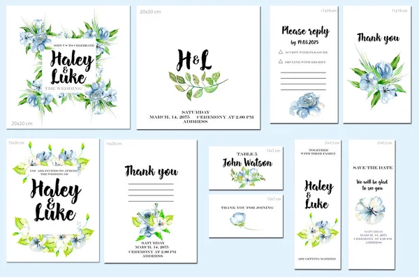 Plantillas Tarjetas Con Acuarela Flores Silvestres Azules Hojas Verdes Fondo — Foto de Stock