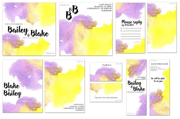 Kartenvorlagen Mit Lila Und Gelben Aquarell Spritzern Hintergrund Künstlerisches Design — Stockfoto