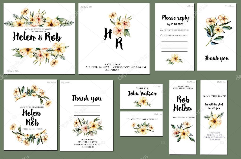 Card templates set with watercolor pink wildflowers and green leaves background; artistic design for business, wedding, anniversary invitation, flyers, brochures, table number, RSVP, Thank you card, Save the date card