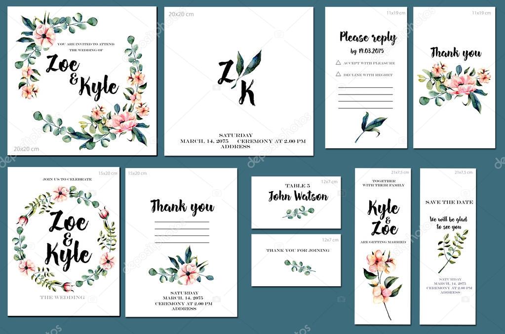 Card templates set with watercolor pink flowers and eucalyptus branches background; artistic design for business, wedding, anniversary invitation, flyers, brochures, table number, RSVP, Thank you card, Save the date card
