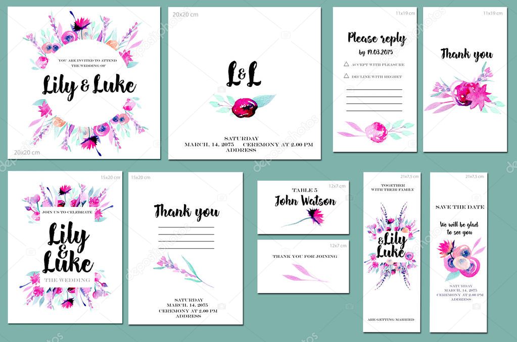 Card templates set with watercolor lavender, pink roses and leaves background; artistic design for business, wedding, anniversary invitation, flyers, brochures, table number, RSVP, Thank you card, Save the date card