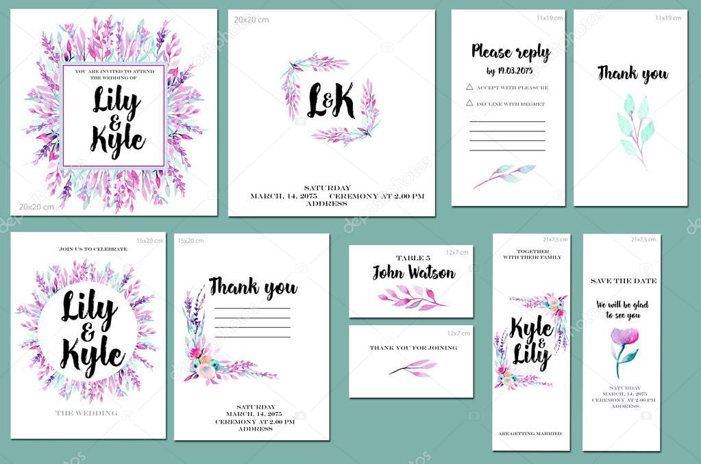 Card templates set with watercolor purple and mint branches background; artistic design for business, wedding, anniversary invitation, flyers, brochures, table number, RSVP, Thank you card, Save the date card