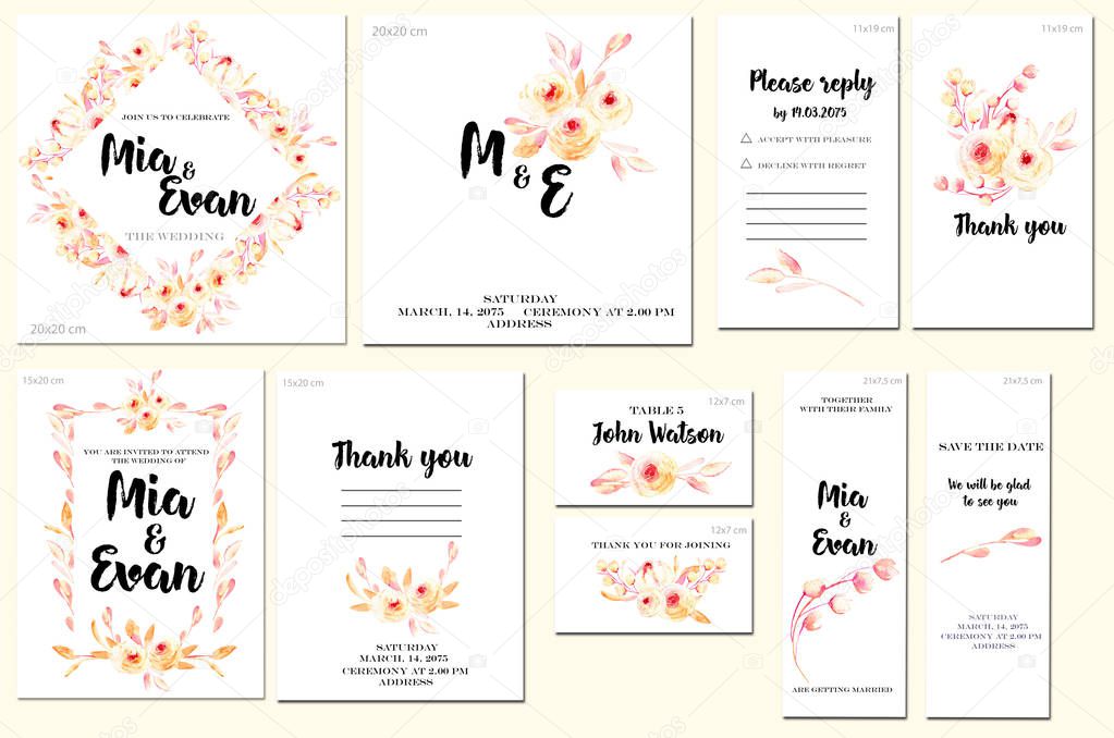 Card templates set with watercolor pink roses and leaves background; artistic design for business, wedding, anniversary invitation, flyers, brochures, table number, RSVP, Thank you card, Save the date card