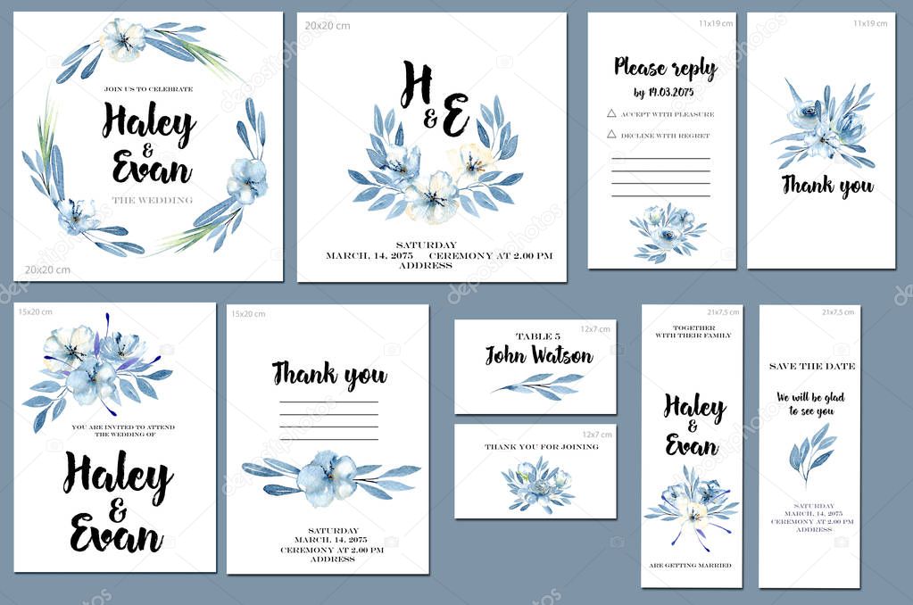 Card templates set with watercolor blue flowers and leaves background; artistic design for business, wedding, anniversary invitation, flyers, brochures, table number, RSVP, Thank you card, Save the date card