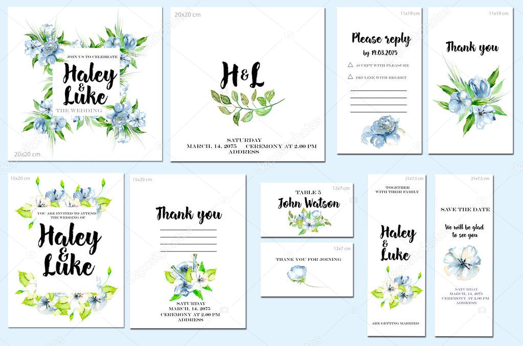 Card templates set with watercolor blue wildflowers and green leaves background; artistic design for business, wedding, anniversary invitation, flyers, brochures, table number, RSVP, Thank you card, Save the date card
